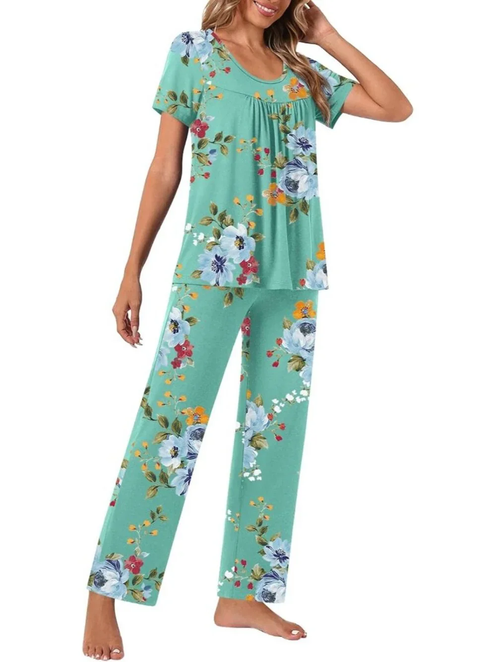 Women's Mint Green Flowers Loungewear 2 Piece Pajama Sets Sleepwear with Pockets